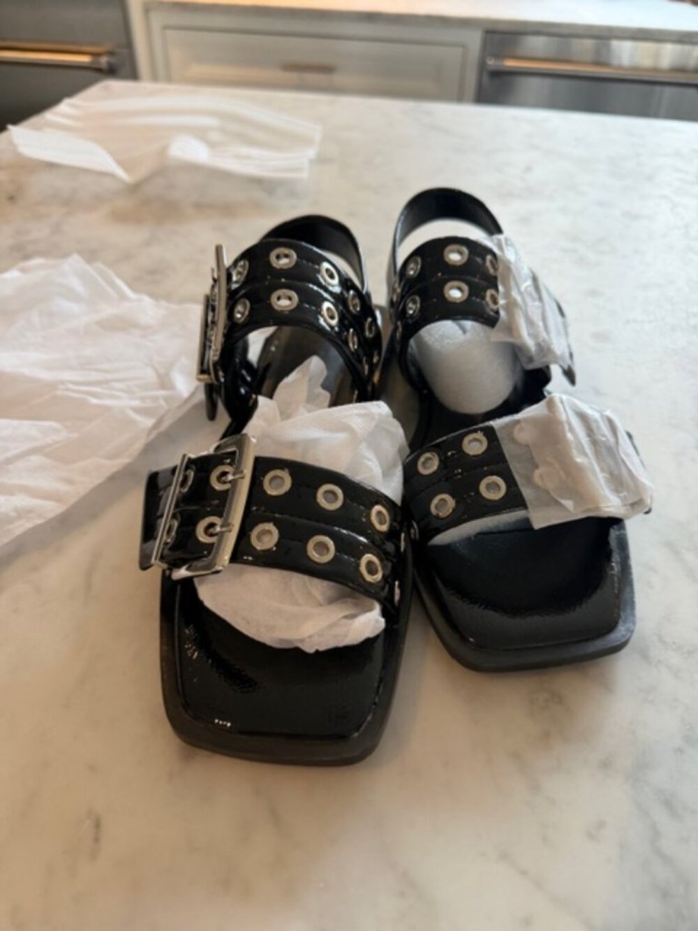 Black patent buckle sandals:  women size 9